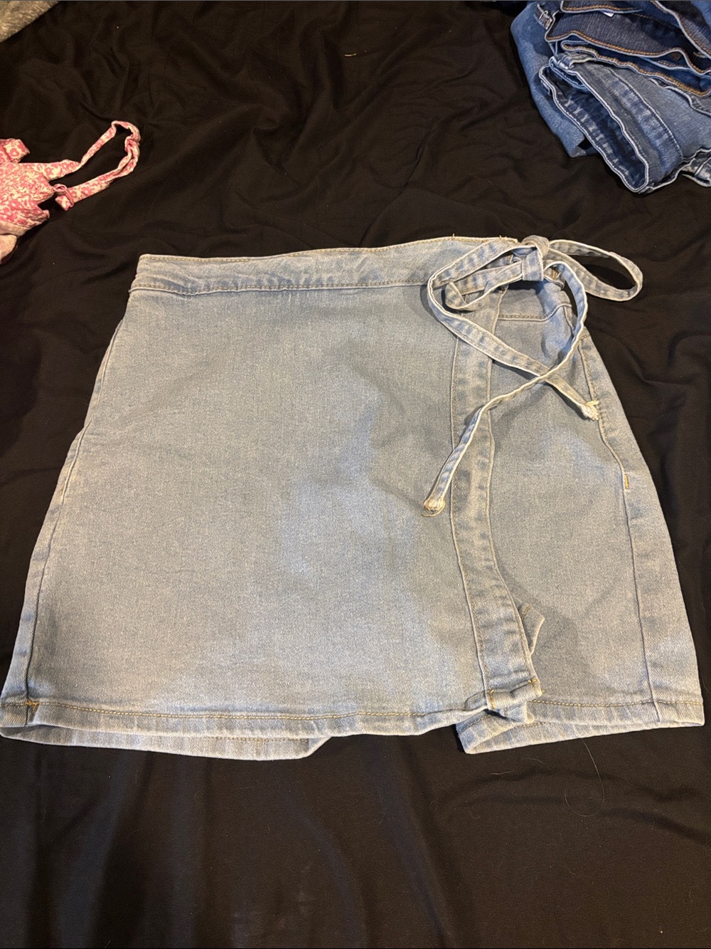 bebe Light Blue Denim Wrap Mini Skirt